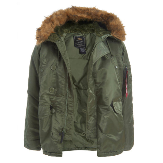 Green jacket with fur hood on a white background