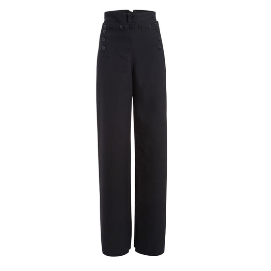 Navy bell bottom pants with button details on a white background