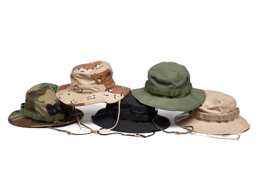 Collection of boonie hats in Desert, Olive, Woodland, Black, Khaki pattern on a white background