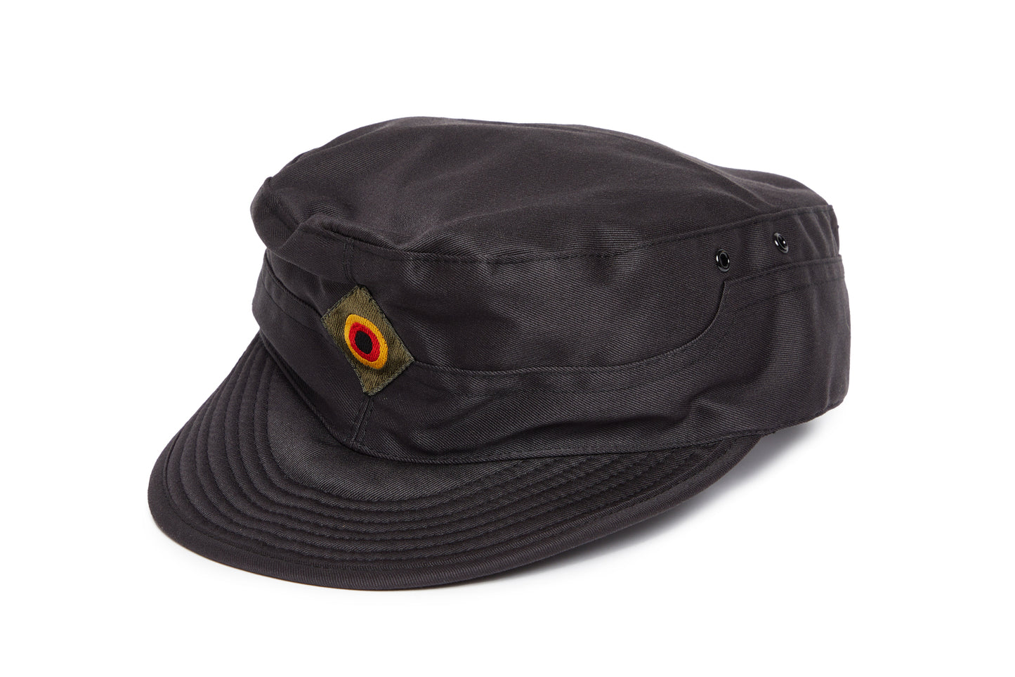 Black cap with a small emblem on a white background