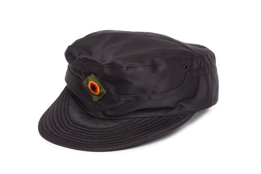 Black cap with a small emblem on a white background