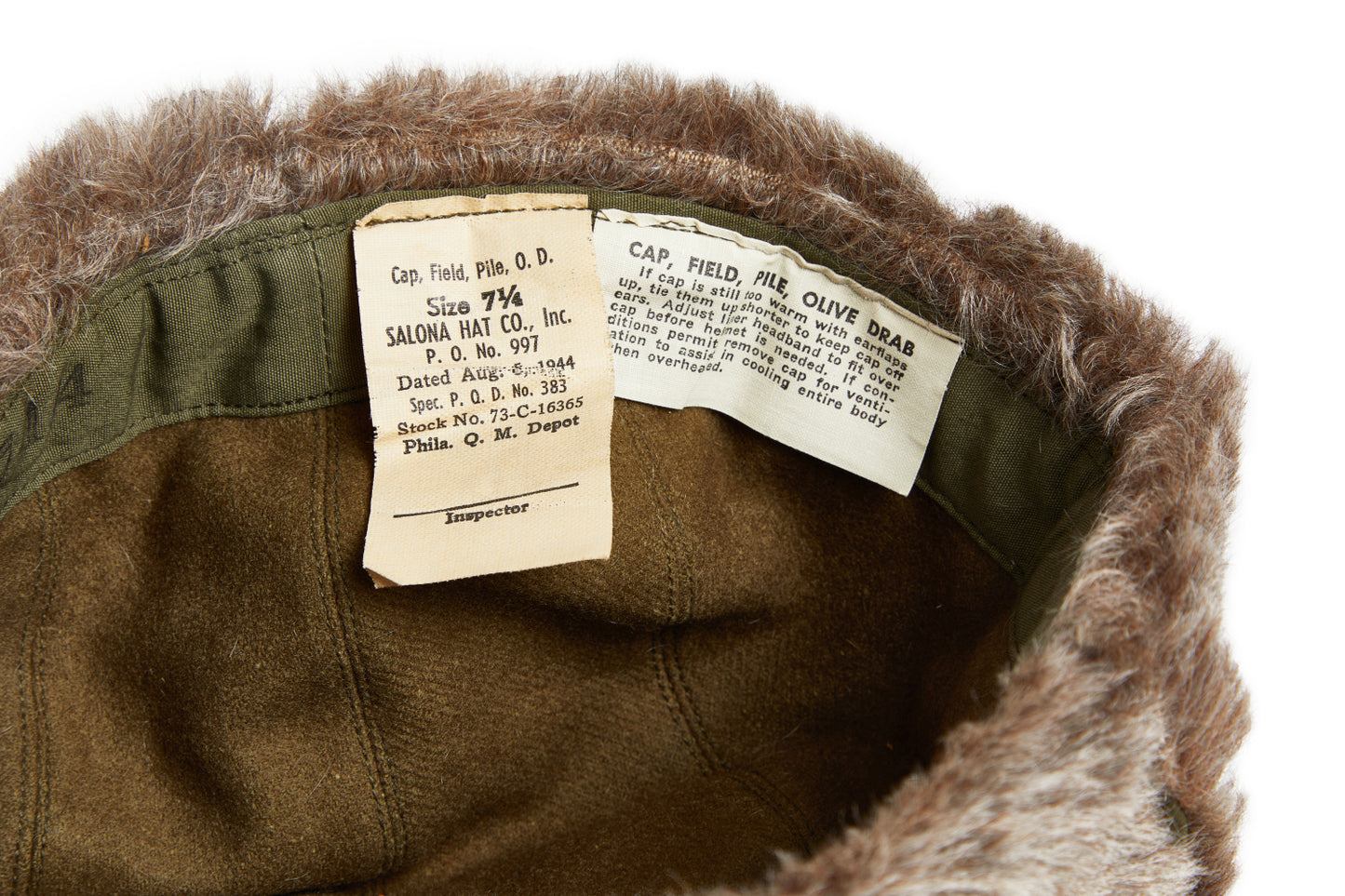U.S. Army Field Cap, Olive Drab, Pile Lined for cold weather, World War II Issue