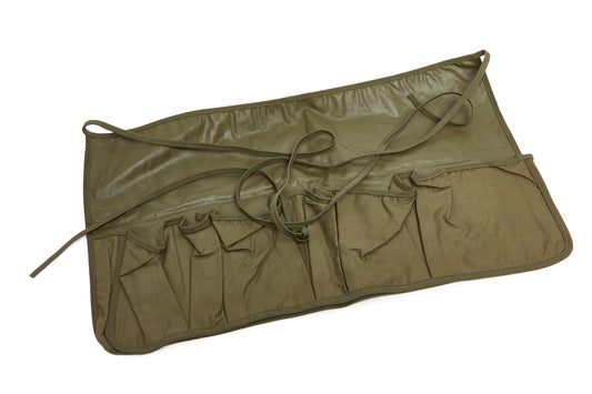 Olive green apron with multiple pockets and straps on a white background