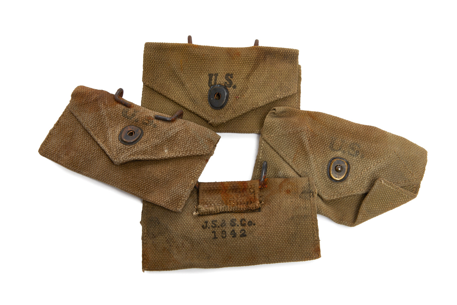 Brown military pouches with U.S. markings on a white background
