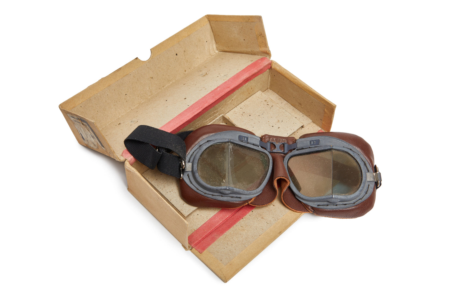 flight goggle in cardboard box on white background