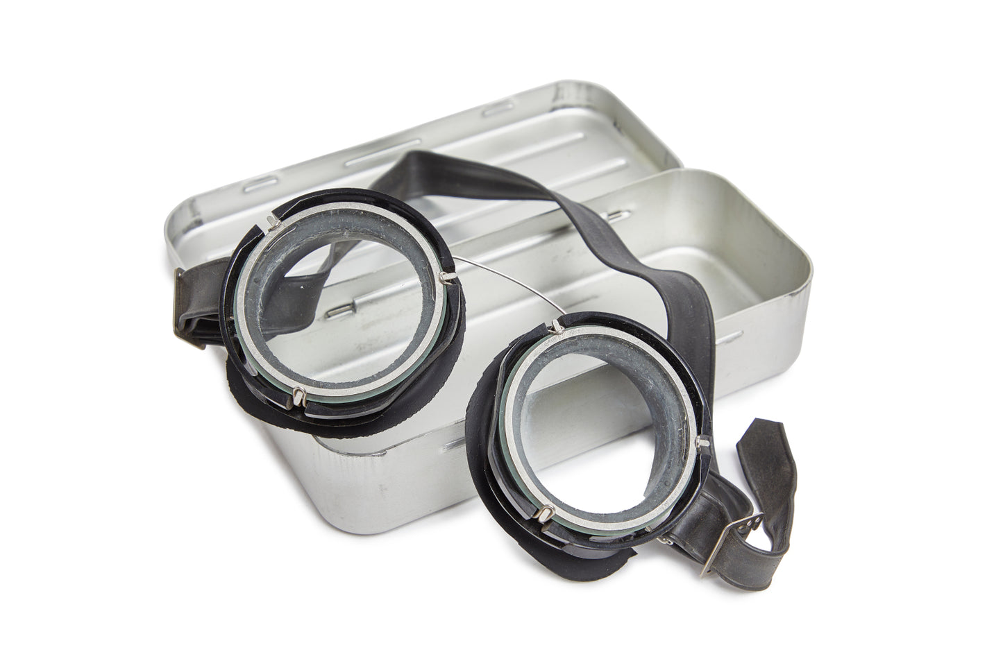 Metallic container with goggles on a white background