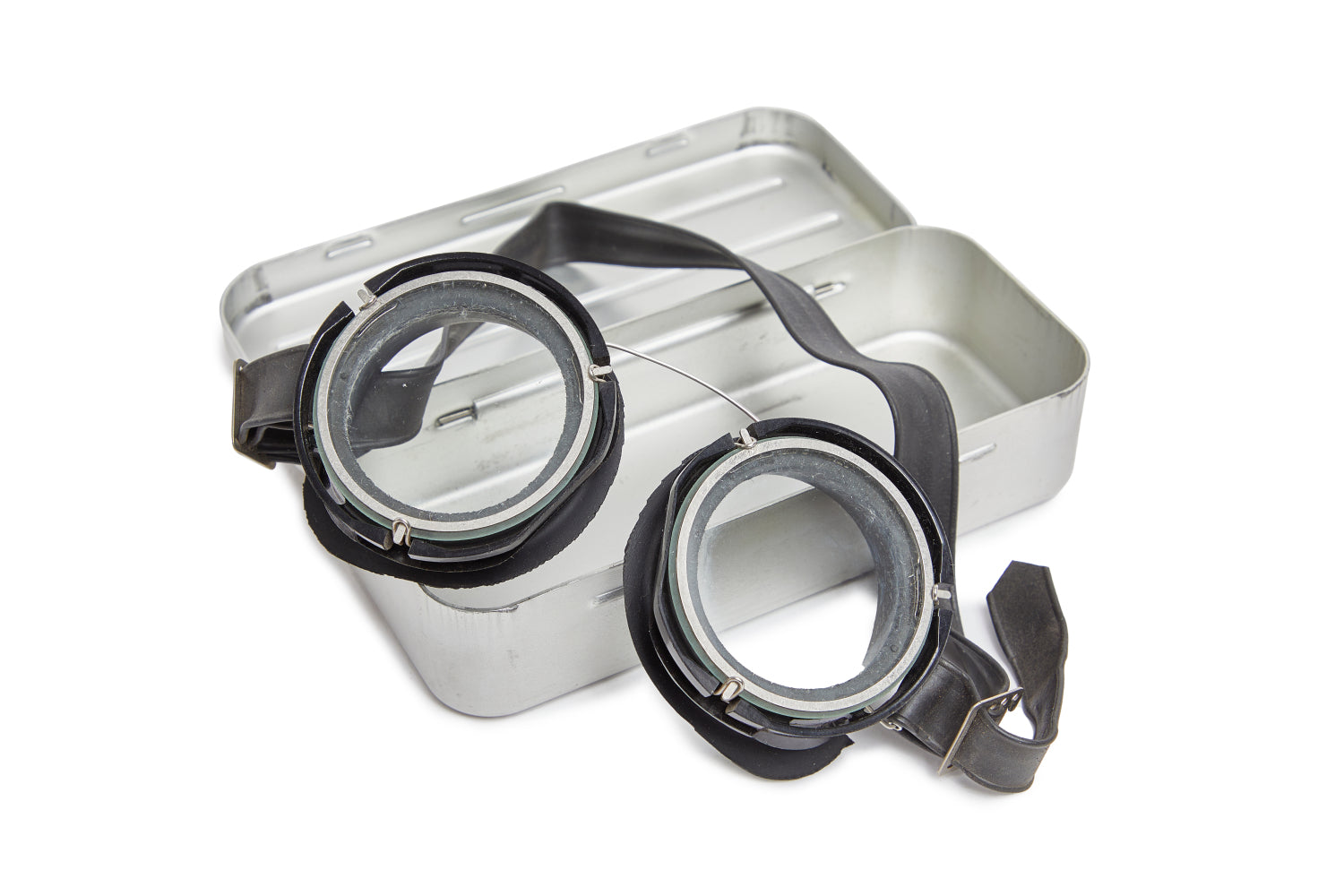 Metallic container with goggles on a white background
