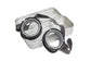Metallic container with goggles on a white background