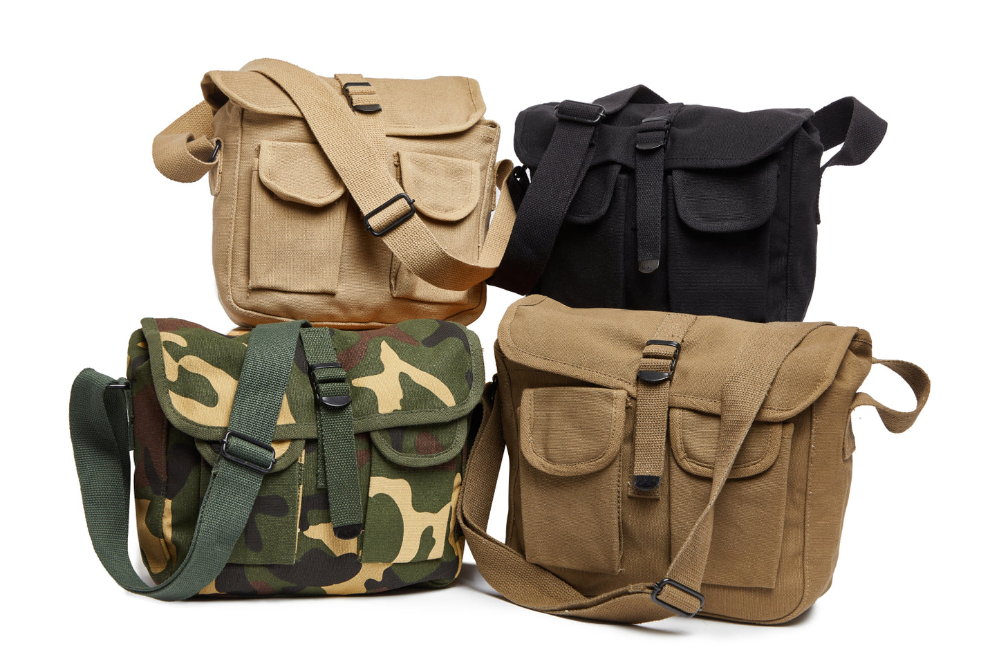 Two Pocket Shoulder Bag in Khaki, Black, Woodland, and Coyote