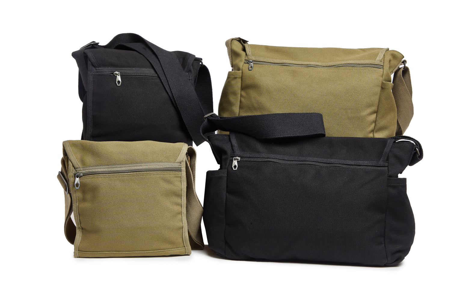 Four bags in black and olive green on a white background