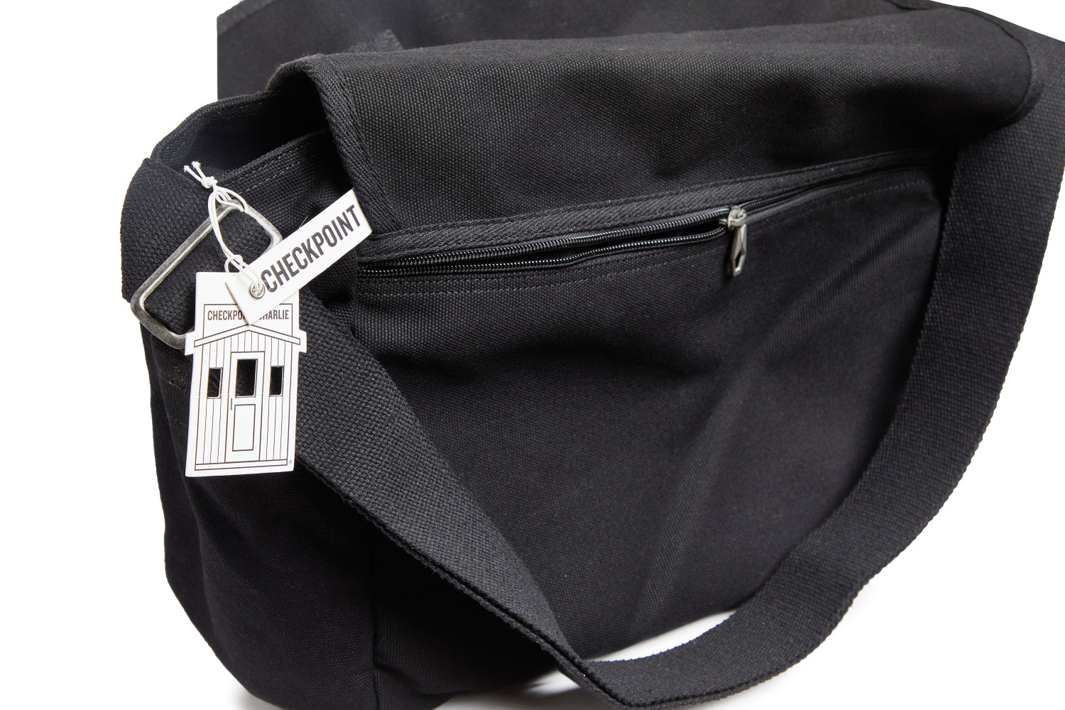 Black bag with a 'Check Point' tag on a white background