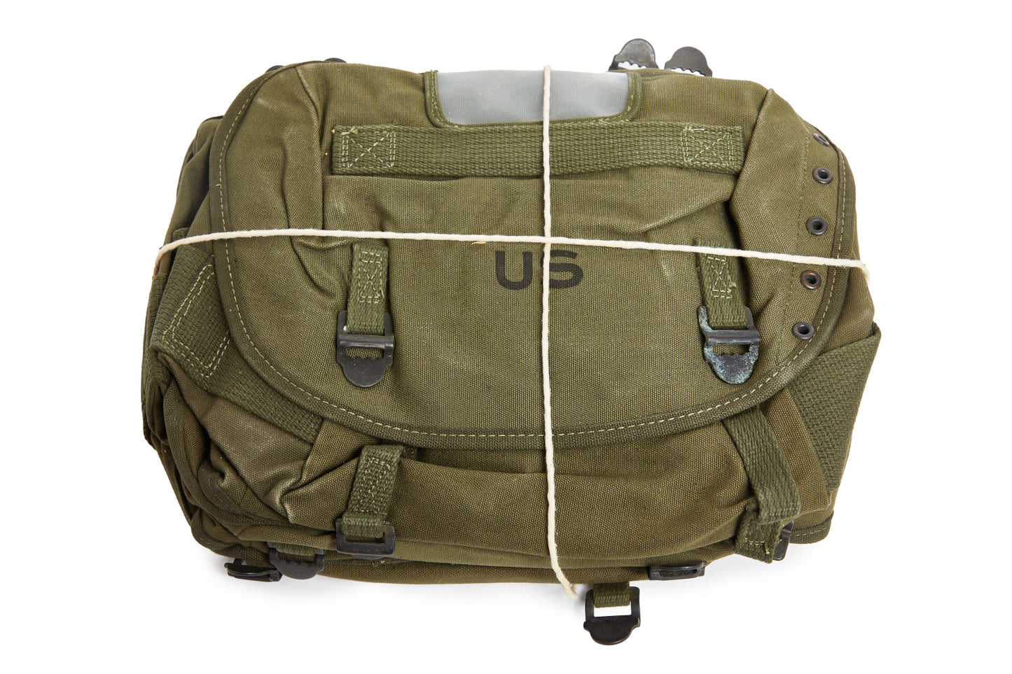 Olive green military-style bag with 'US' logo on a white background