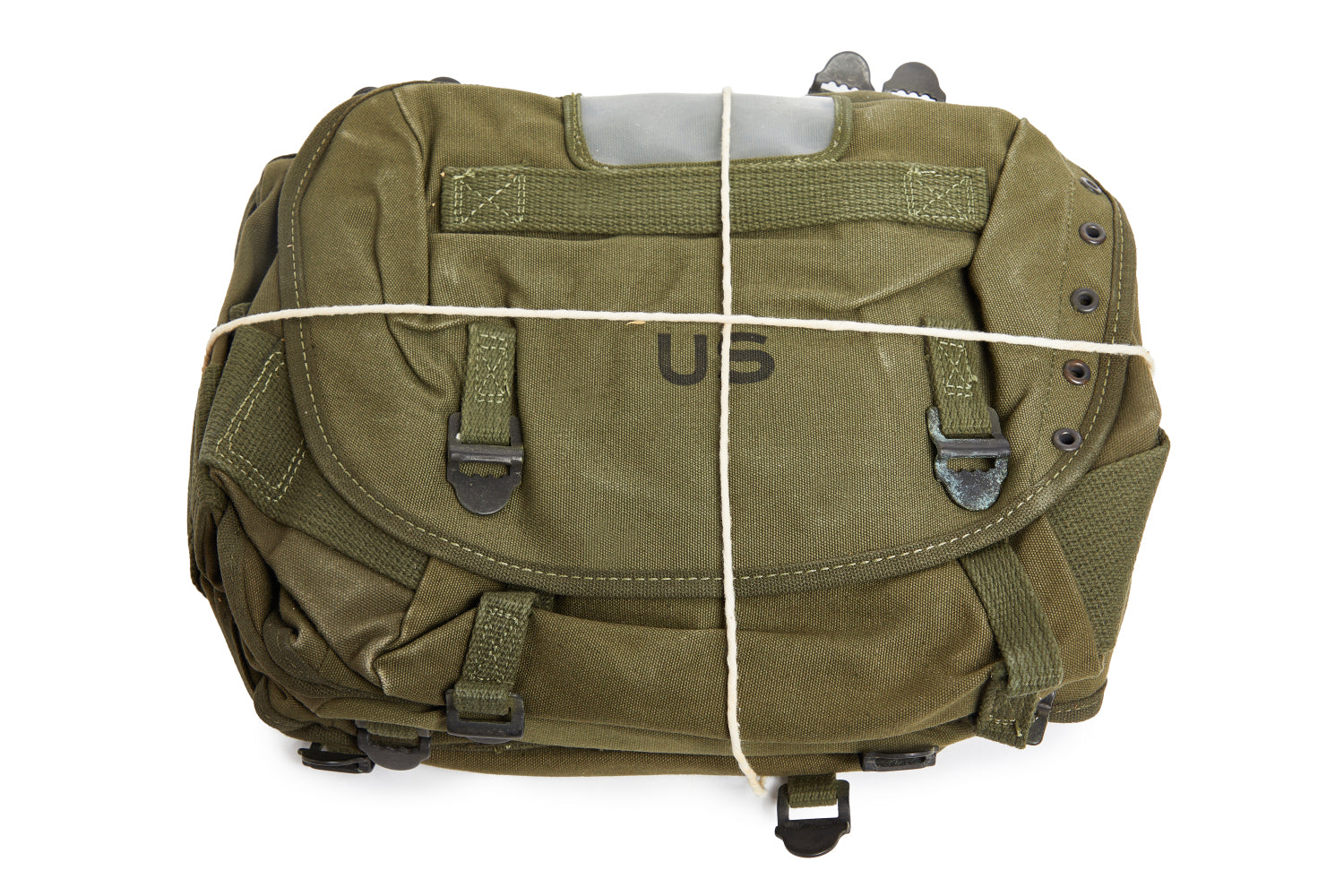 Olive green military-style bag with 'US' logo on a white background