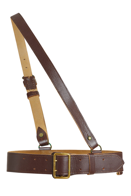 Brown leather belt with a strap on a white background
