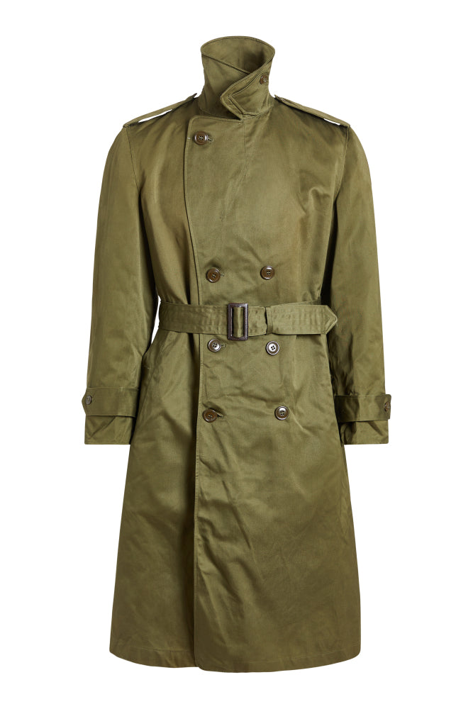 Green trench coat with a belt on a white background