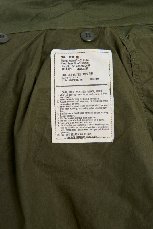U.S. Army OG-107 Olive Green M65 Field Coat, Manufactured by Alpha Industries