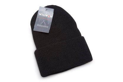 Black beanie with a tag on a white background