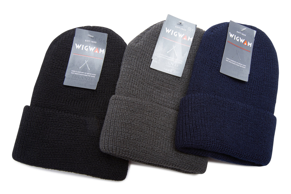 Three beanie hats in black, gray, and navy with WIGWAN labels on a white background.