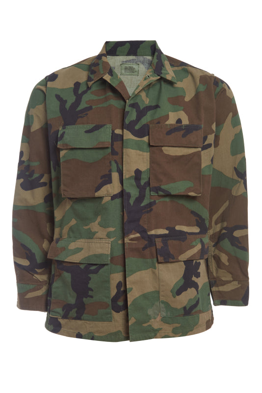 U.S. Army Woodland Camouflage B.D.U. Shirts, choose: (heavier weight) twill or (lighter weight) rip-stop fabric