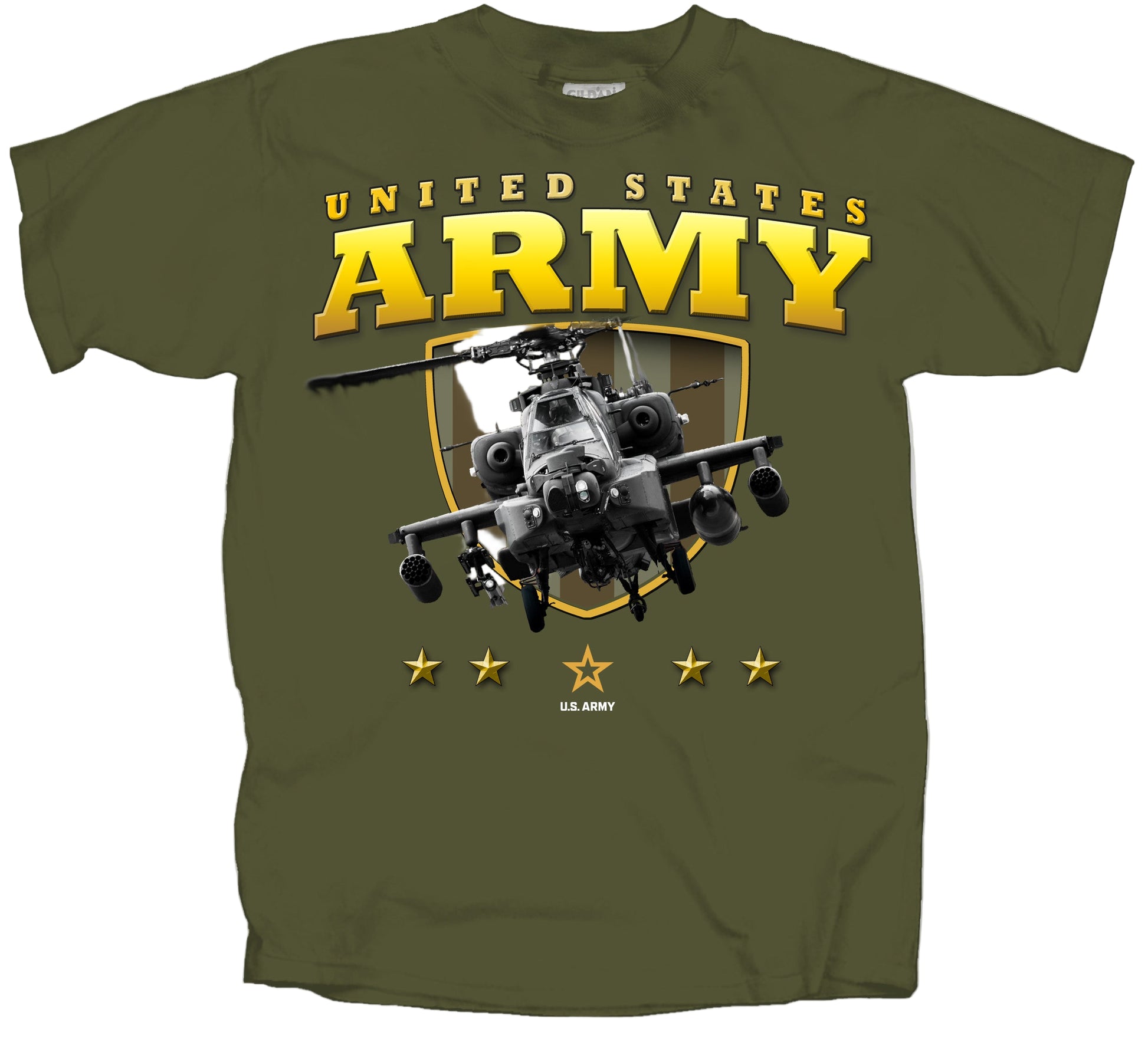 Green t-shirt with U.S. Army letter and helicopter graphic