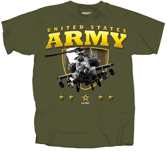 Green t-shirt with U.S. Army letter and helicopter graphic