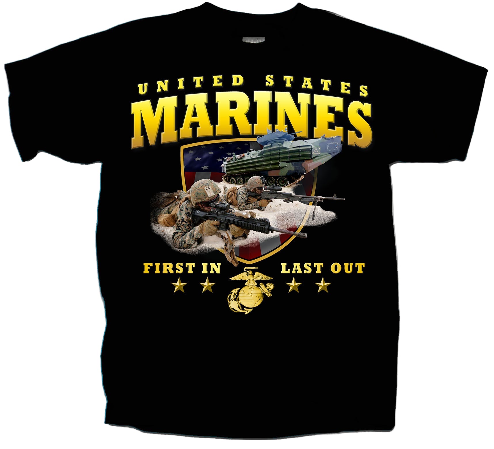 Black t-shirt with 'United States Marines' text and graphics 