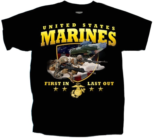 Black t-shirt with 'United States Marines' text and graphics 