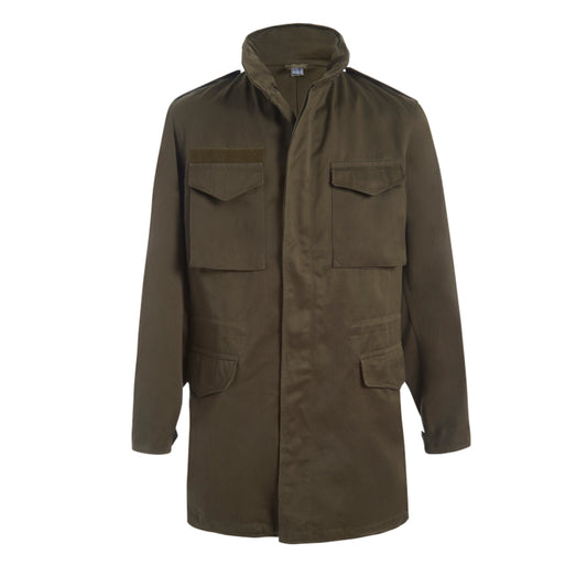 A green Austrian Army field coat with a mandarin collar, chest pockets, and long sleeves.