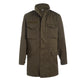 A green Austrian Army field coat with a mandarin collar, chest pockets, and long sleeves.
