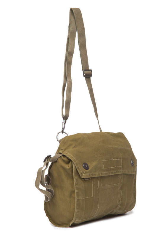 Green canvas bag with a strap on a white background