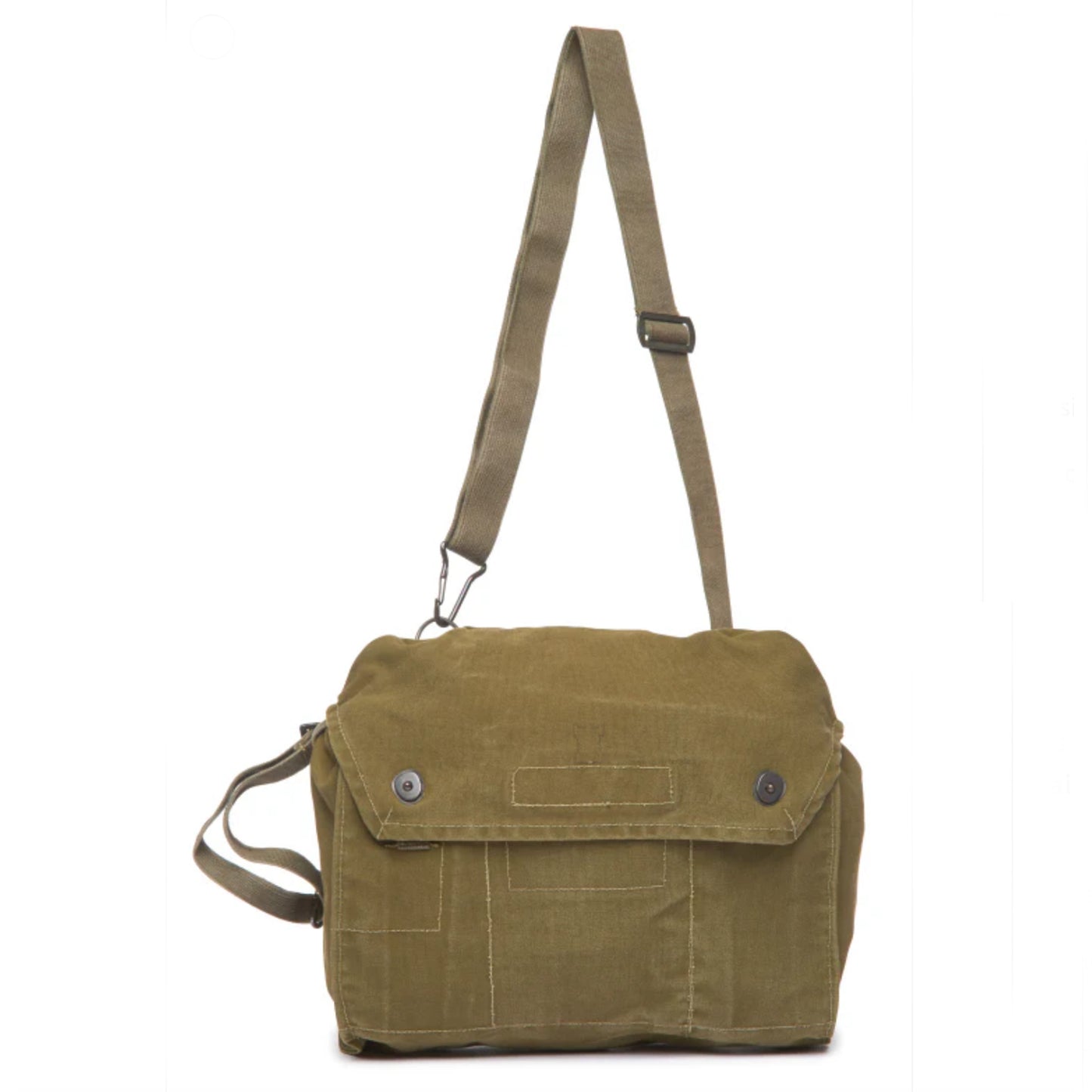 Green canvas messenger bag with a strap on a white background