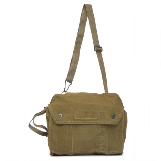 Green canvas messenger bag with a strap on a white background