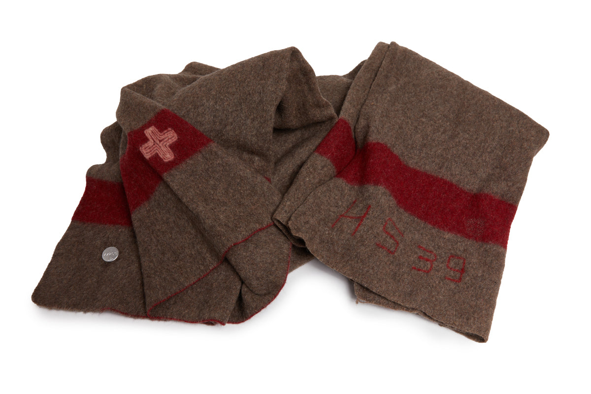 Brown scarf with red accents and 'HSS9' embroidery 