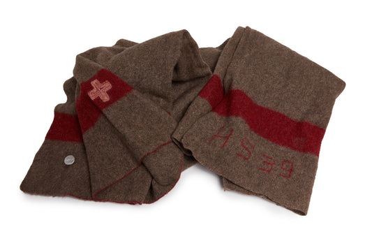 Brown scarf with red accents and 'HSS9' embroidery 