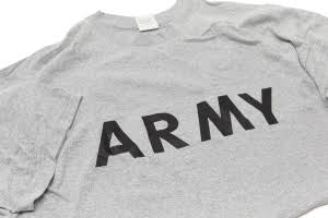 Gray t-shirt with 'ARMY' printed in black on a white background